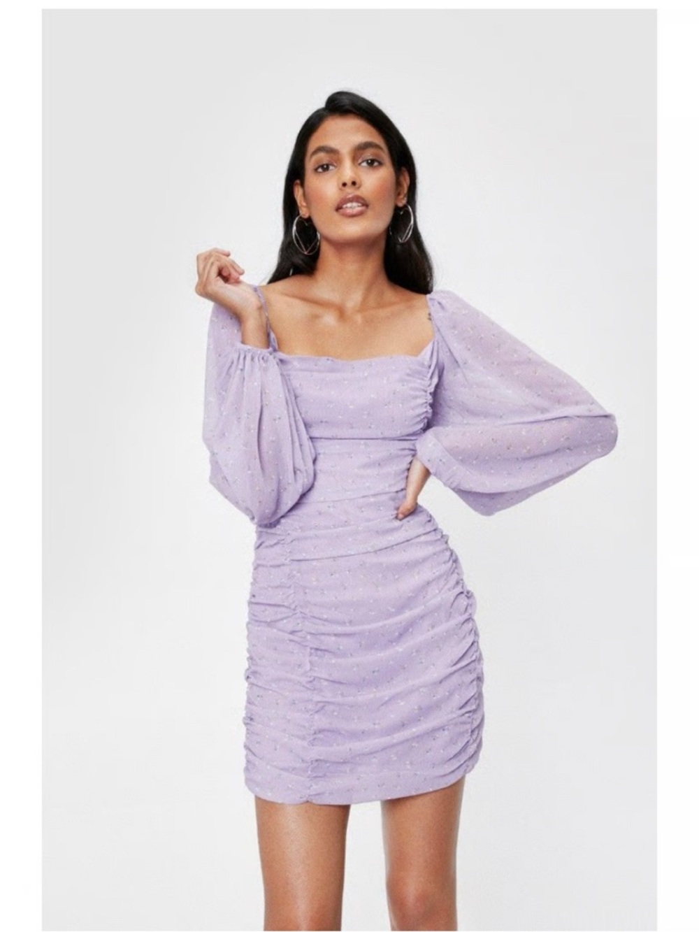 naked wardrobe Lavender Ruched Long-Sleeve Mini Dress with Metallic Dot Detail